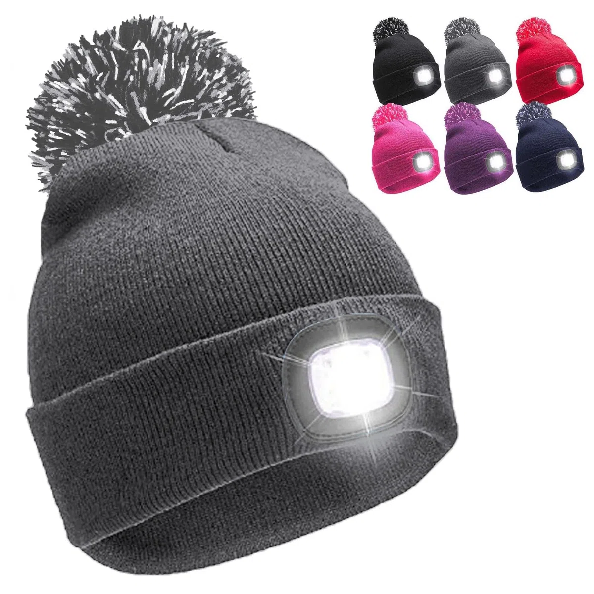 Cappello invernale con pompon per bambini e bambine, con torcia a LED ricaricabile, 6 colori
