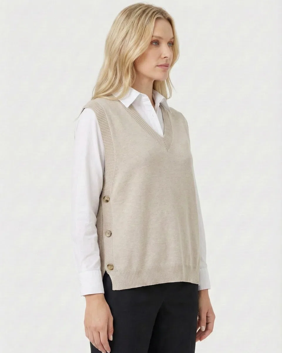 Maglione da donna con scollo a V, senza maniche, maglione, lavorato a maglia, con bottoni laterali, asimmetrie, canotte a costine