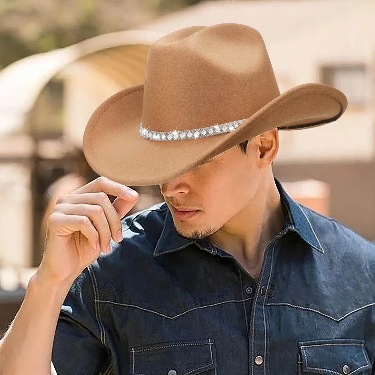 DRESHOW Cappello da Cowboy Donna e Uomo Cappelli Western da Cowboy e Cowgirl a Tesa Larga con Scintillante Strass Cappelli Fedora in Feltro Arrotolati Unisex