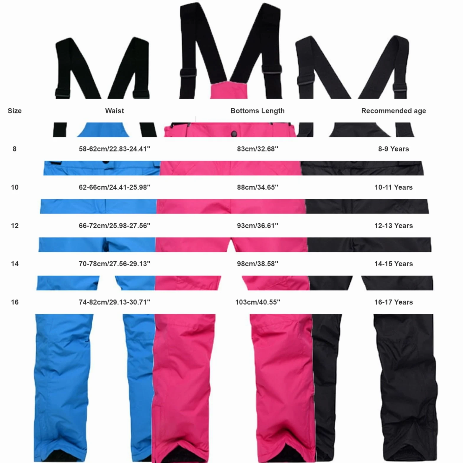 Pantaloni da sci per bambini, da neve, per ragazze e ragazzi, caldi, impermeabili, con chiusura lampo, per snowboard, invernali, con spalline regolabili per sci
