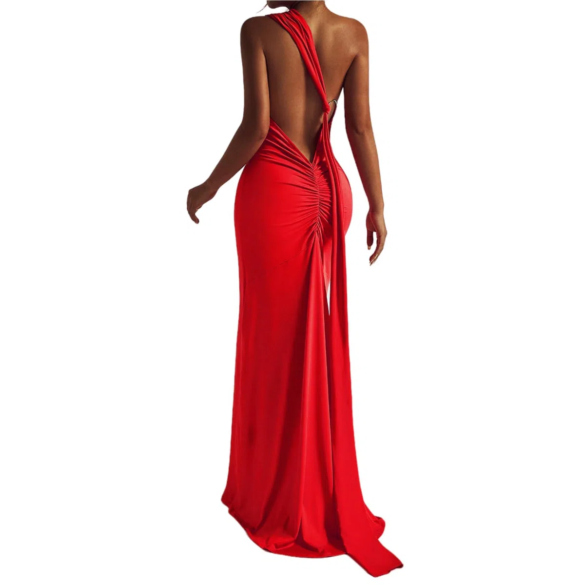 Abito lungo da donna, sexy, monospalla con schiena scoperta, elegante, increspato, senza maniche, abito da sera, abito da cocktail