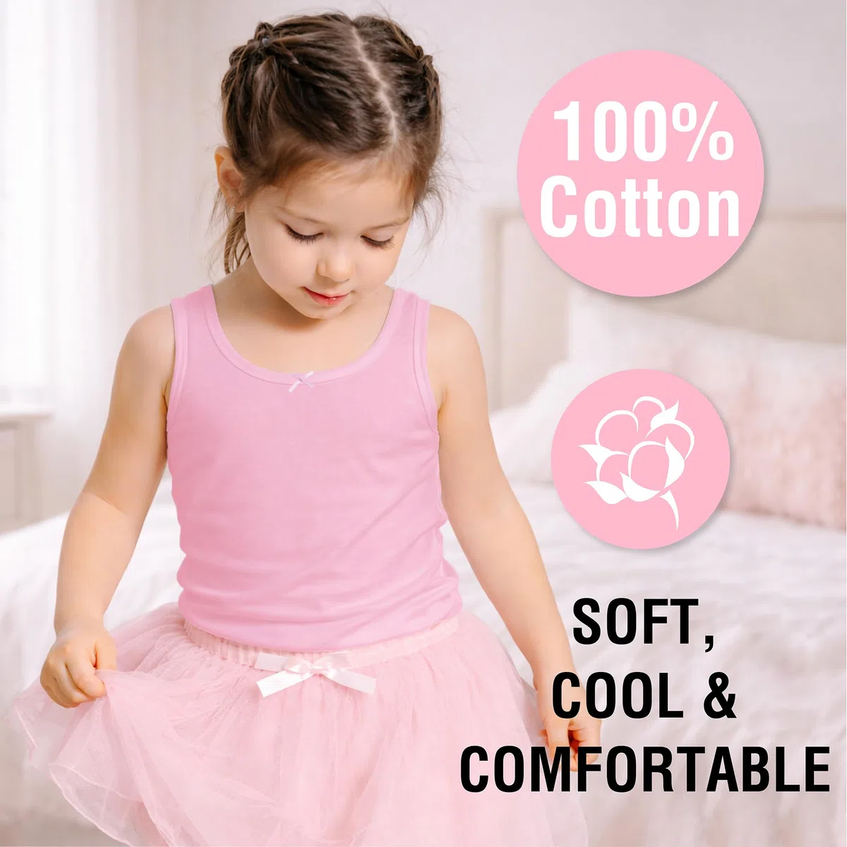Confezione da 5 canottiere senza maniche per bambine, 100% cotone, bianco pastello, taglia 2-12 anni