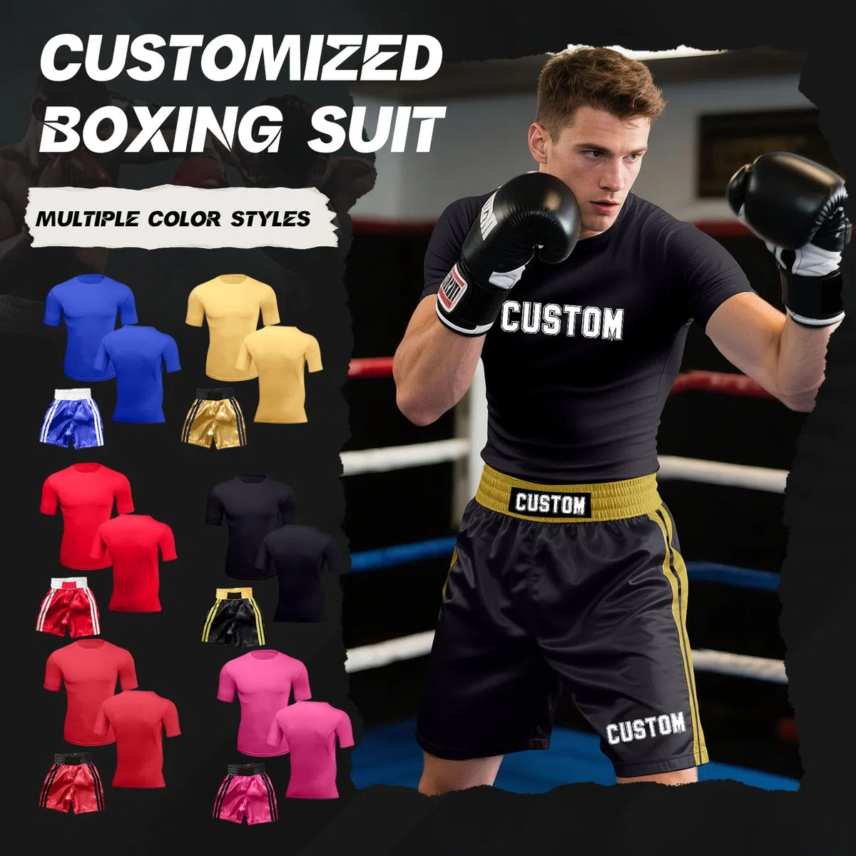 Generico Personalizzata Pantaloncini Muay Thai per Uomo e Donna con Testo Maglietta Boxing Uniforme per Arti Marziali MMA Cage Fighting Gym Training