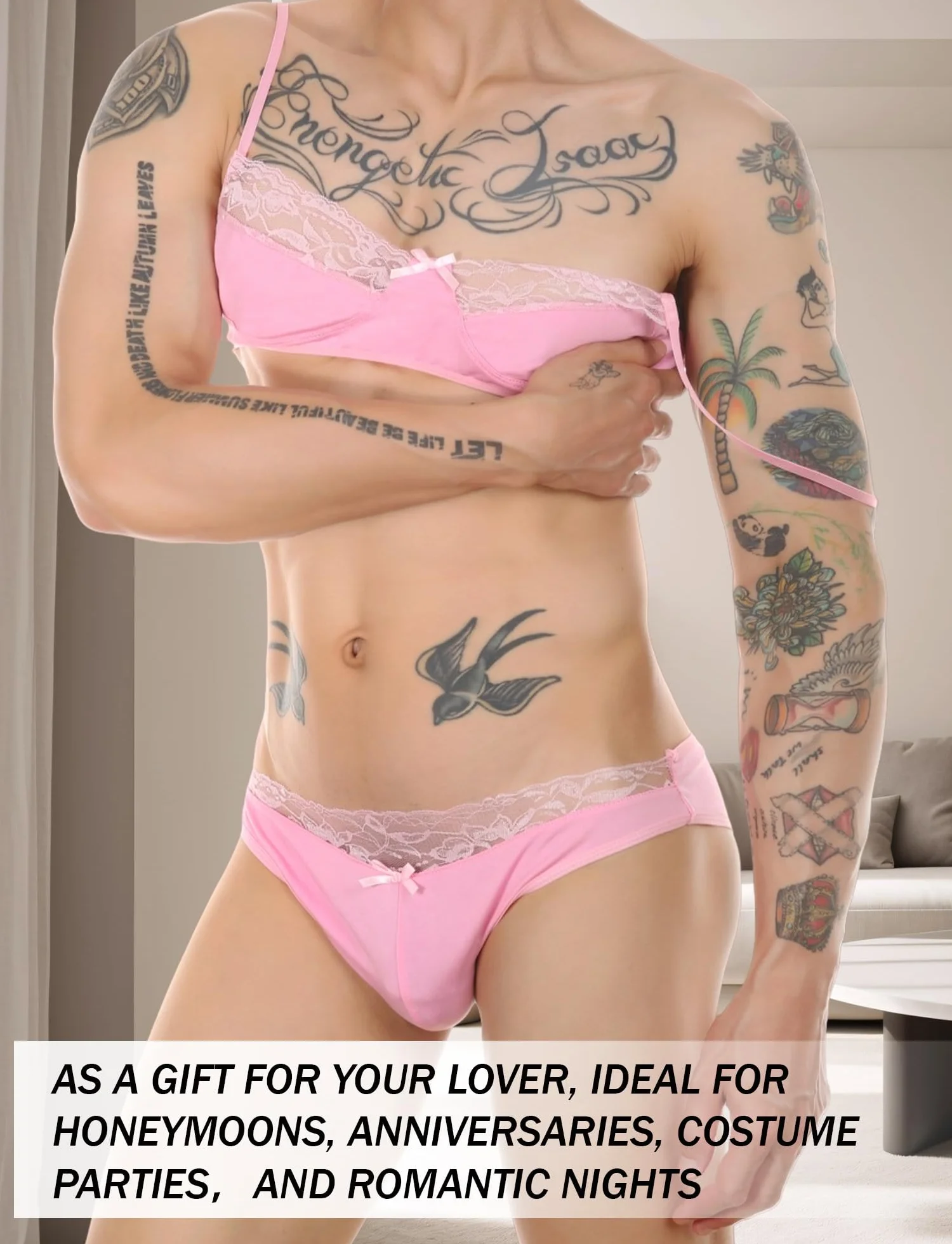 AIEOE Sissy - Set di biancheria intima in pizzo sexy, reggiseno e mutandine leggere, set di lingerie gay incrociato, reggiseno e slip in pizzo, mutandine S-XXL