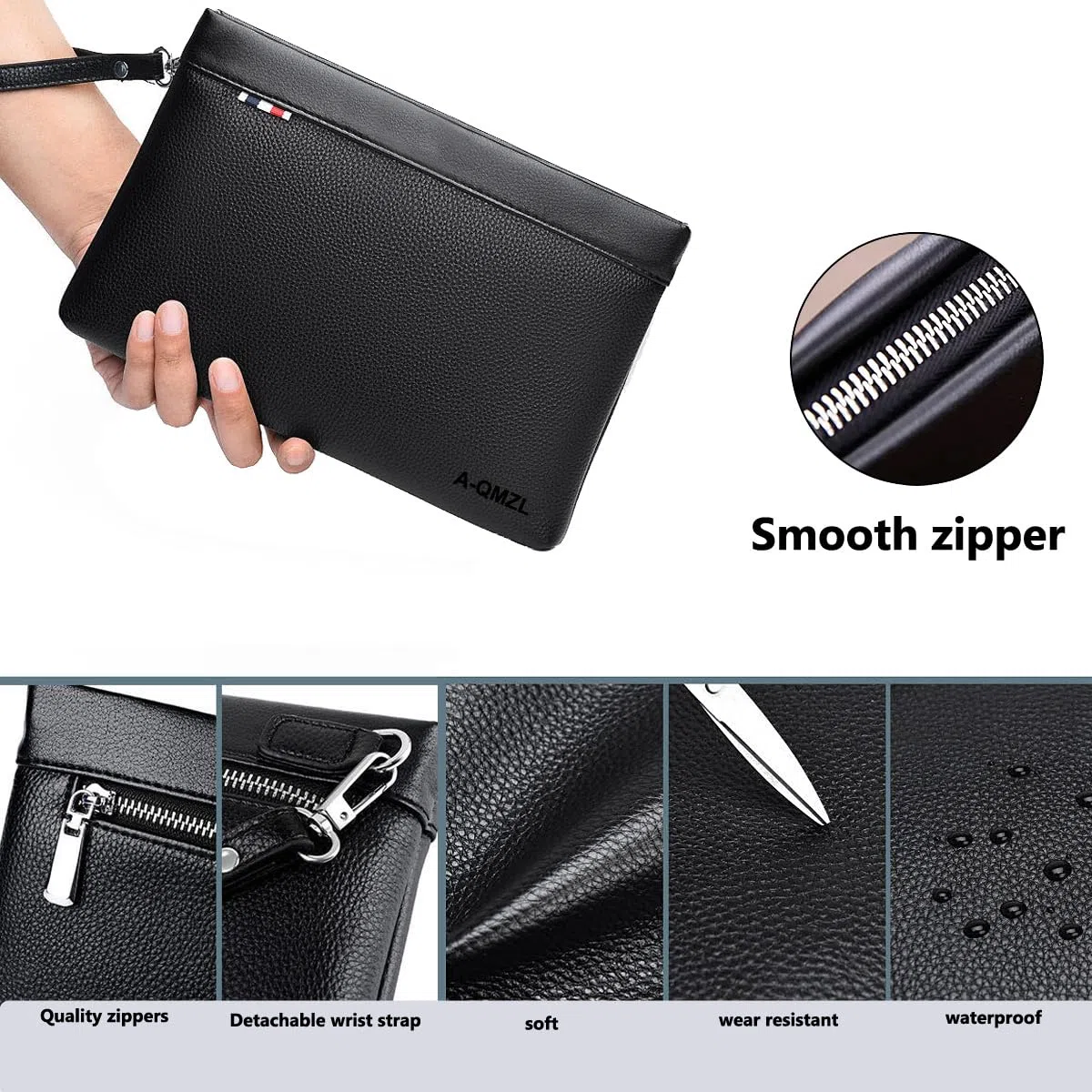 A-QMZL pochette uomo Borsello Uomo a Mano da Polso Nera Il Nuovo Borsa uomo Pelle Elegante Grande Capacità Pochette con fessura per carte per Lavoro Viaggio Casual Ufficio Borsetta (Nero1)