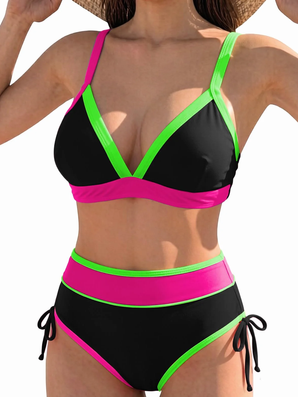 JFAN Costume da Bagno Donna Due Pezzi Push Up Imbottito Reggiseno Sexy Bikini Blocchi di Colore Abiti da Spiaggia Brasiliana Costumi da Bagno Estivi Vita Alta Beachwear