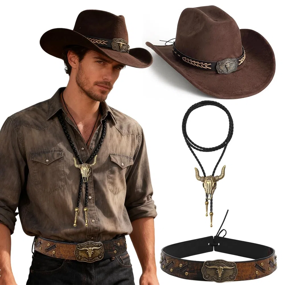 Cappello da Cowboy per Adulti Colore bronzo Cravatte da Cowboy in Pelle Fasce Per Cappelli in Pelle,Stile Cowboy Occidentale，Costumi di Carnevale，Halloween e Feste a Tema