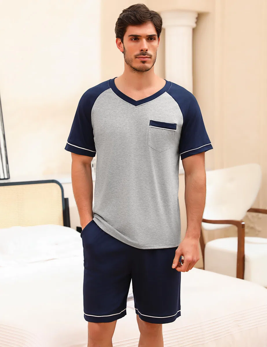 Pigiama Uomo Cotone Corto Estivo Pigiami Due Pezzi Set da Notte Casa Maniche Cort Leggero Scollo a V e Pantaloncini Scozzesi con Tasche