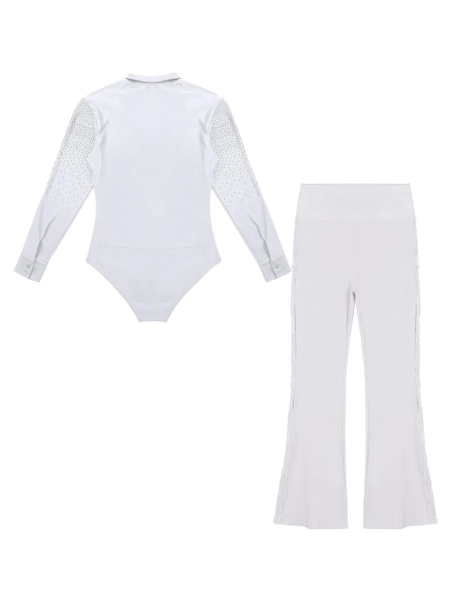 iEFiEL Body da Ballo Latino Uomo Scollo a V Manica Lunga e Pantaloni Con Nappe Vestito con Strass Abito da Ballo Danza Classica Tango Samba Rumba Jazz Salsa Jumpsuit