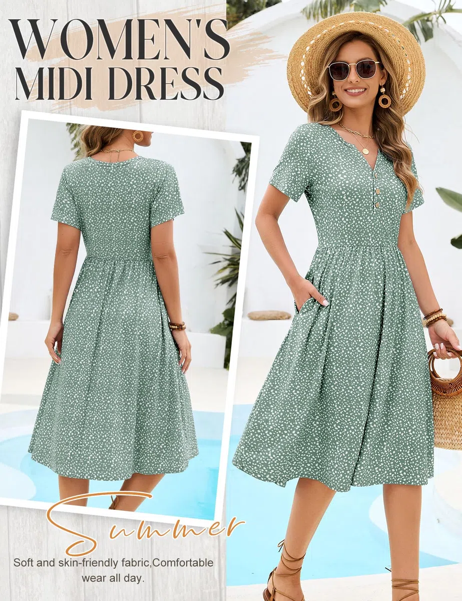 HEEKPEK Vestiti Estivi Donna Elegante Midi Lunghi Vestito Maniche Corte Scollo a V Bottoni Abiti Casual Ginocchiocon Floreale Abito da Spiaggia Mare Boho con Tasche