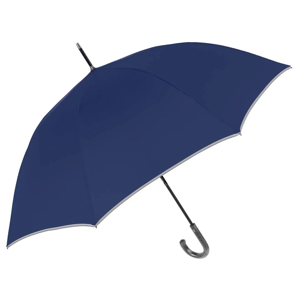 PERLETTI Ombrello Blu CATARIFRANGENTE Lungo Golf Uomo Donna Automatico - Ombrello Classico Grande XL Riflettente 2 Persone Antivento Resistente Robusto in Fibra di Vetro Elegante (Manico Curvo)