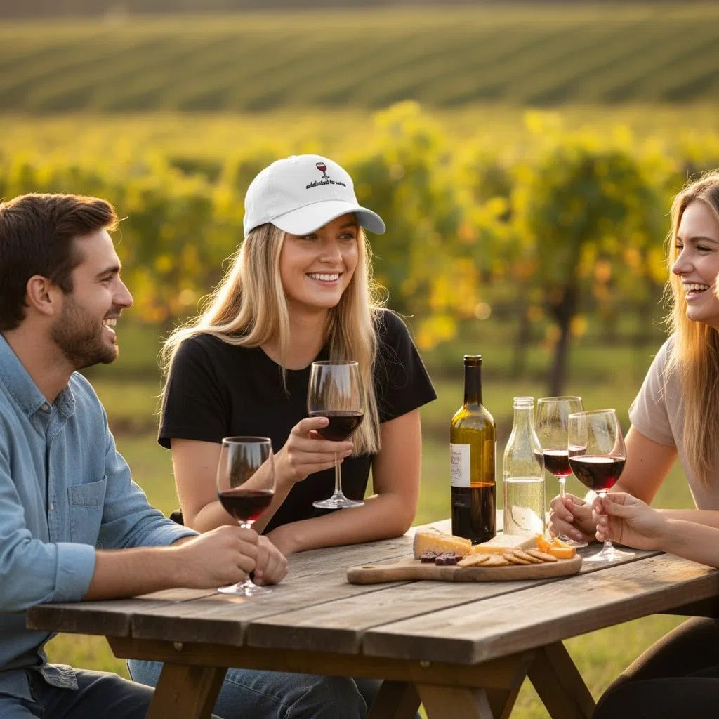 Cappellino da festival bianco, motivo "Addicted to Wein/Caffè" con scritta "Addicted to Wein/Coffee" – Divertente berretto da baseball per uomo e donna – Cappuccio in cotone regolabile in stile