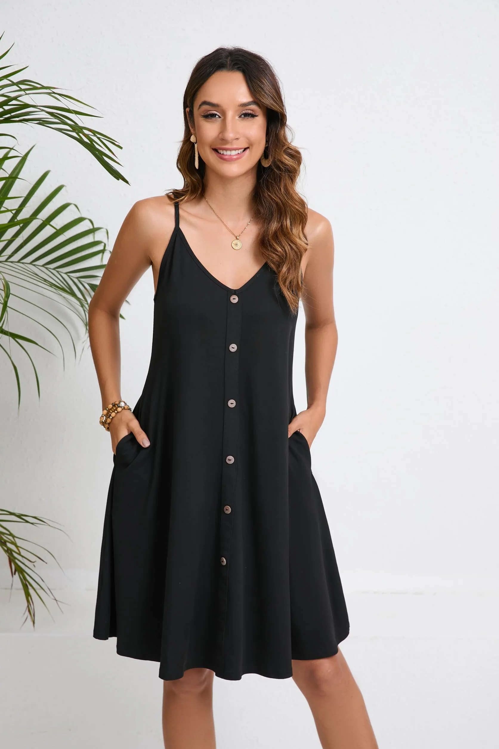 Enmain Abito Estivo da Donna Casual Floreale Cinturino per Spaghetti Senza Maniche Abiti Estivi Vestito Scollo a V con Tasche per Spiaggia Hawaii S-XXL