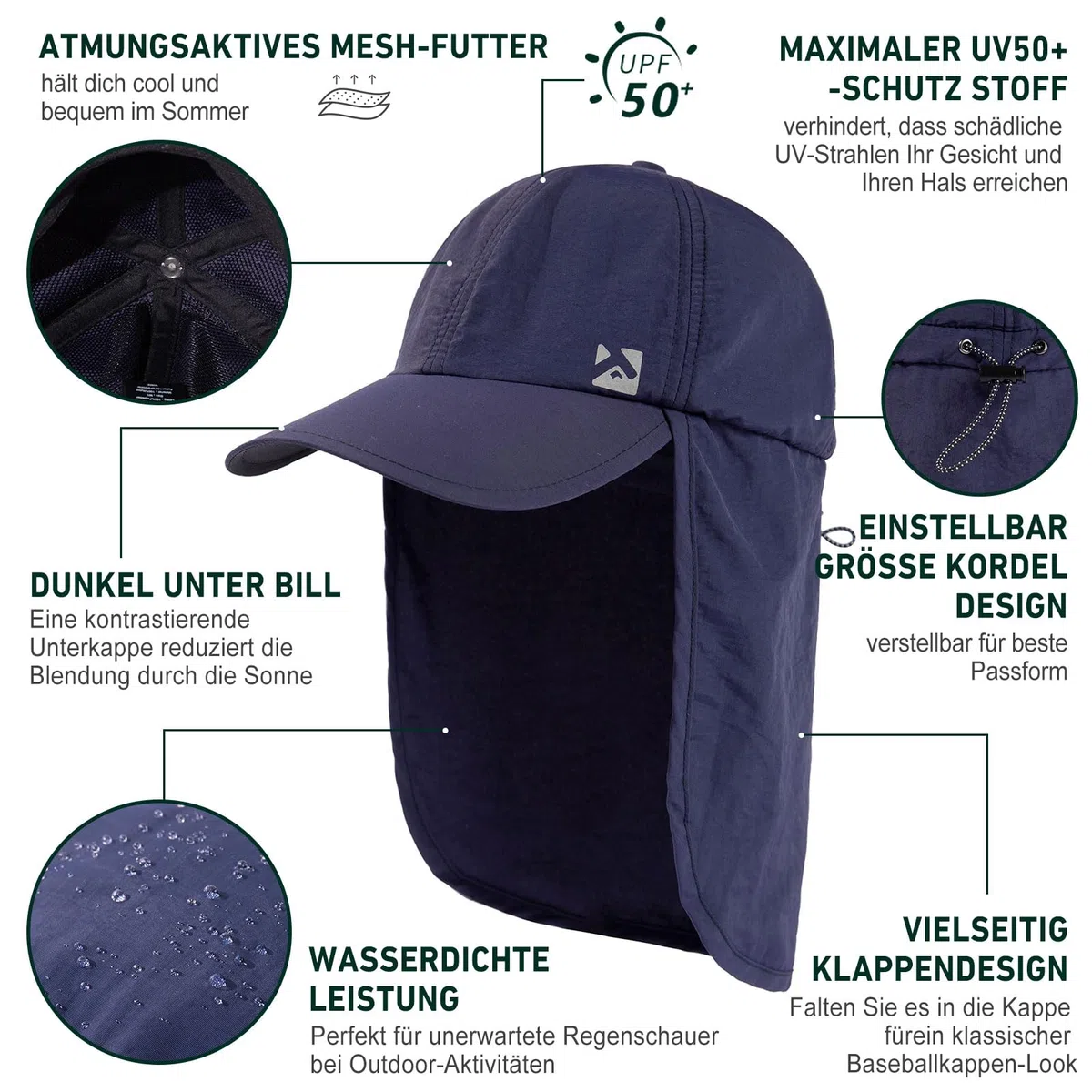TOP-EX XL/XXL Cappello da baseball impermeabile da uomo con patta per il collo, protezione UV cappelli da sole da donna, cappelli estivi pieghevoli, cappello da safari, escursionismo, cappello