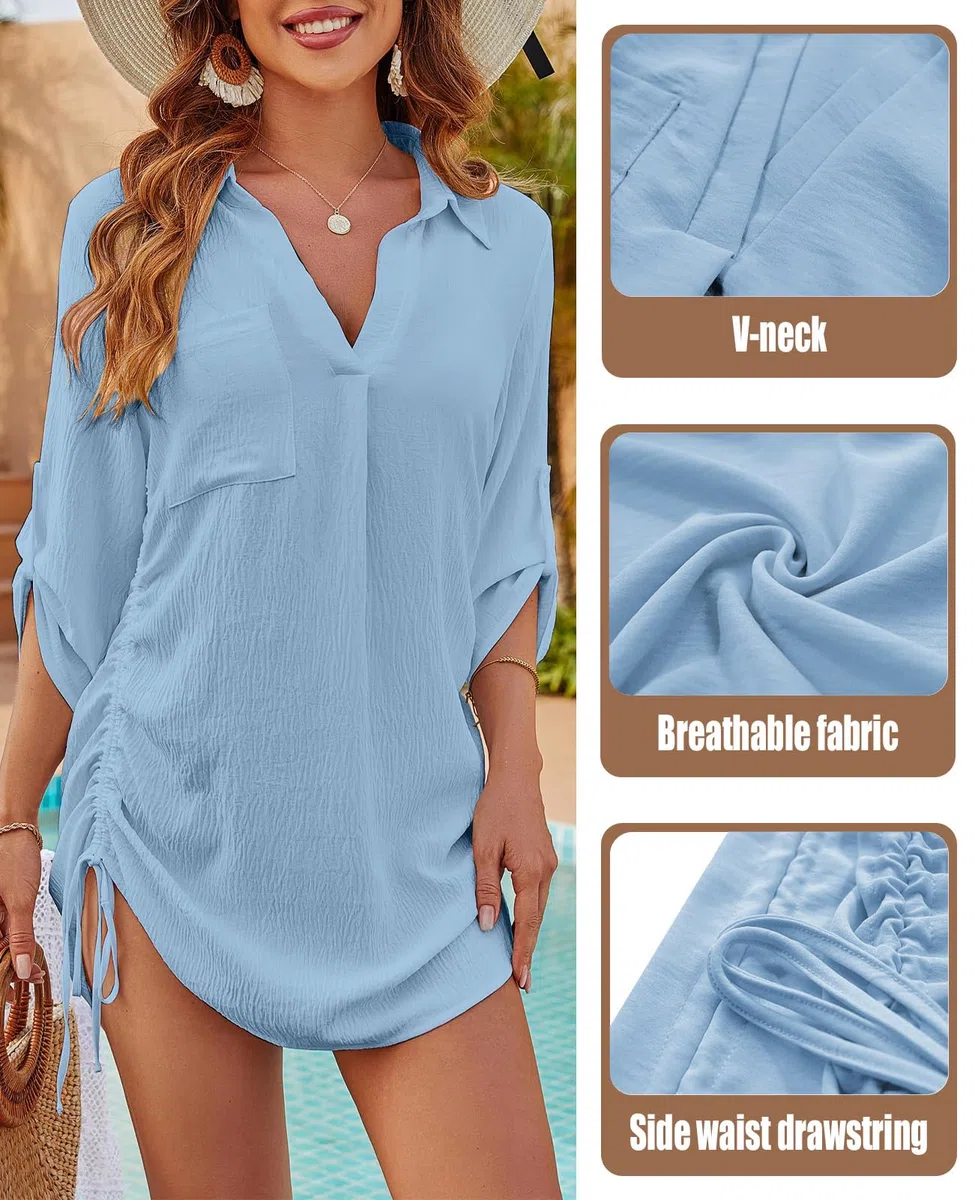 JFAN Copricostume Donna Mare Casual Camicia Lunga Scollo a V Copri Costume da Spiaggia Sciolti Regolabile Bikini Cover Up