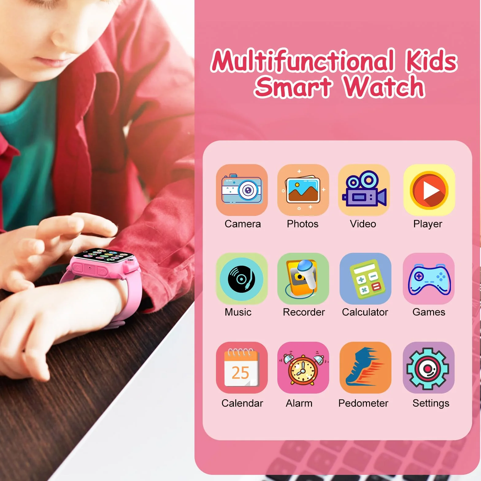 Smartwatch per Bambini, Orologio Bambina, 26 Giochi, Contapassi, Calorico, Fotocamera, Musicale, Torcia, Sveglia, Giocattoli Educativi, Regali di Natale per ragazze e ragazzi dai 2 ai 13 anni