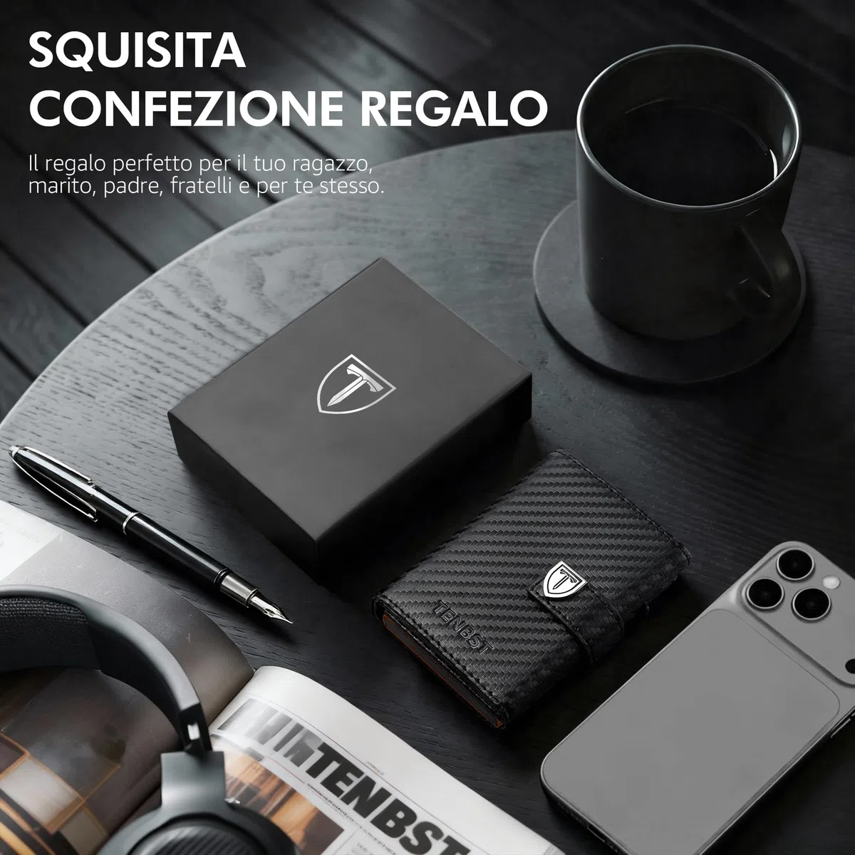 TENBST Portafoglio Uomo - Ultrasottile Pochette Uomo con Tasca Portamonete & Protezione RFID, Porta tessere piccolo premium, Porta carte di credito di lusso per 10 carte di credito (Nero & Arancione)