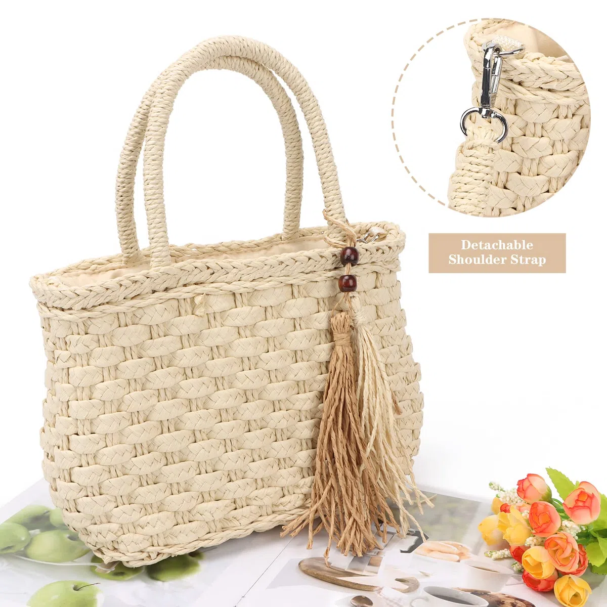 EVEOUT Borsa a Cesto in Paglia Intrecciate Donna con Tracolla Pochette Borsa a mano rafia spiaggia vacanze viaggio Estate