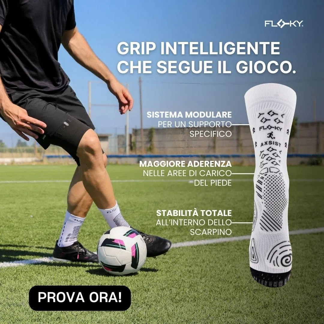FLOKY AXIST 3D calze da calcio e rugby biomeccaniche. Calza a compressione, antiscivolo. Caviglia stabilizzata, protezione tendine d'Achille, massimo grip, supporto plantare.