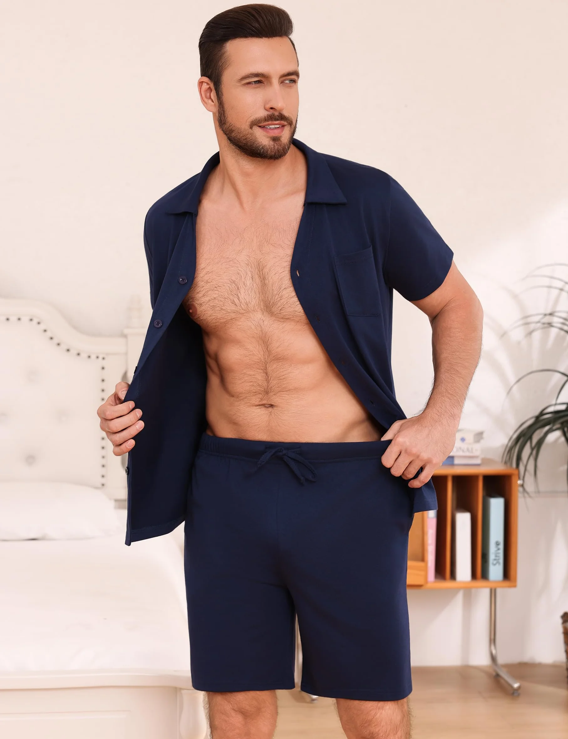Bresdk Pigiama Uomo Estivo Corto con Camicia Abbottonata e Shorts Maniche Corte Abbigliamento da Notte in Cotone