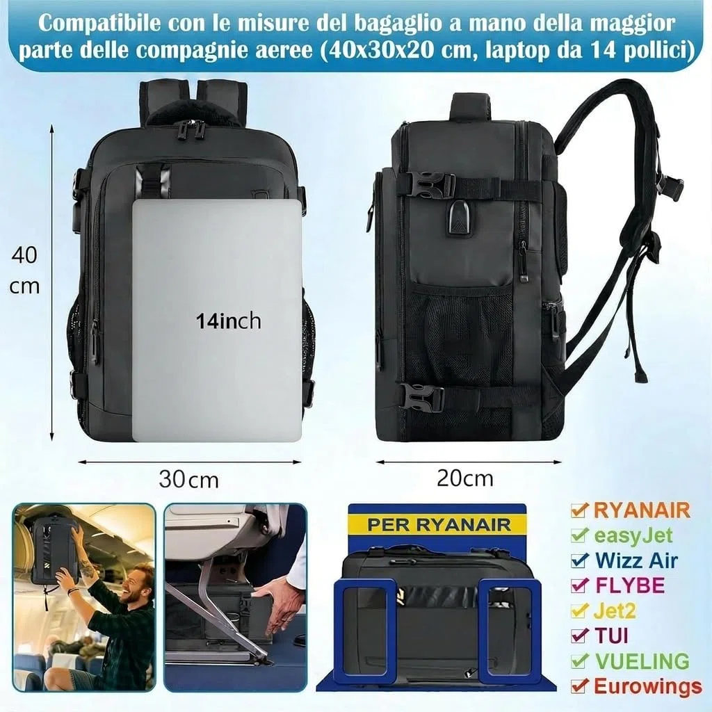 Zaino per Ryanair 40x30x20, Bagaglio a Mano 40x30x20 Ryanair Zaino da Viaggio Aereo Piccolo Borsa da Cabina per Voli Donna Uomo,per Scuola Trekking Lavoro（Schwarz）
