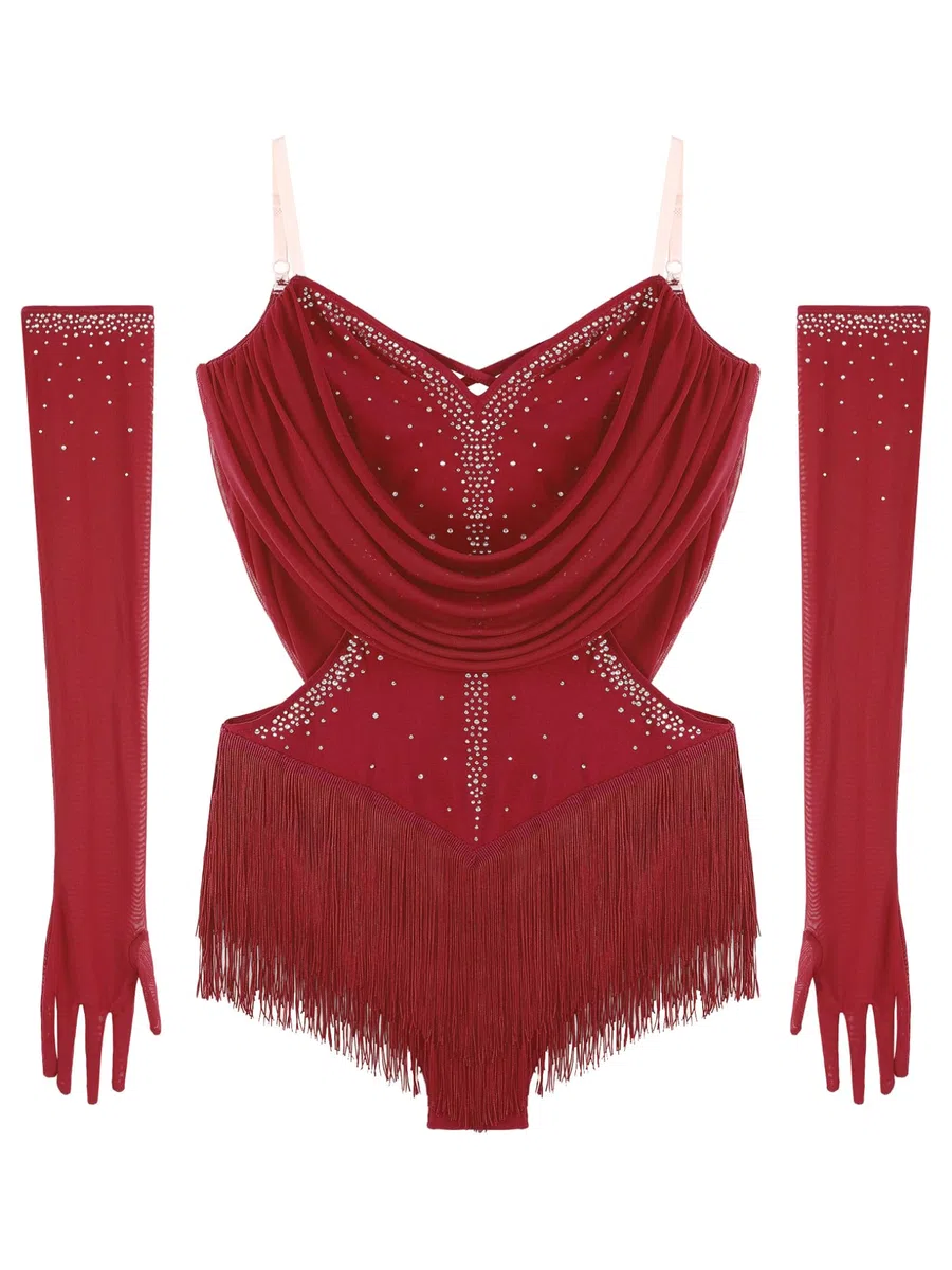 Freebily Abito da Ballo Latino Americano Donna con Nappe Strass Body Danza Classica Moderna con Guanti Balletto Leotards Costume da Danza Samba Rumba Salsa Sala da Ballo