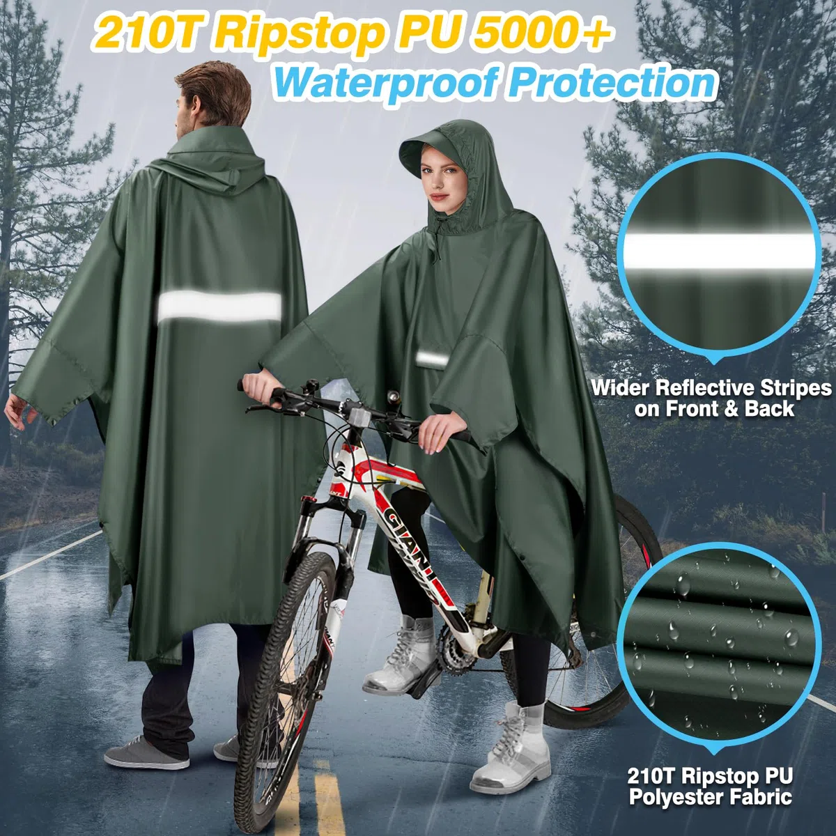 Poncho Antipioggia Impermeabile Riutilizzabile con Cappuccio Maniche e Riflettore Poncho Impermeabile per Adulti unisex Portatile Poncho Pioggia per Uomo Donna Trekking Campeggio Pesca