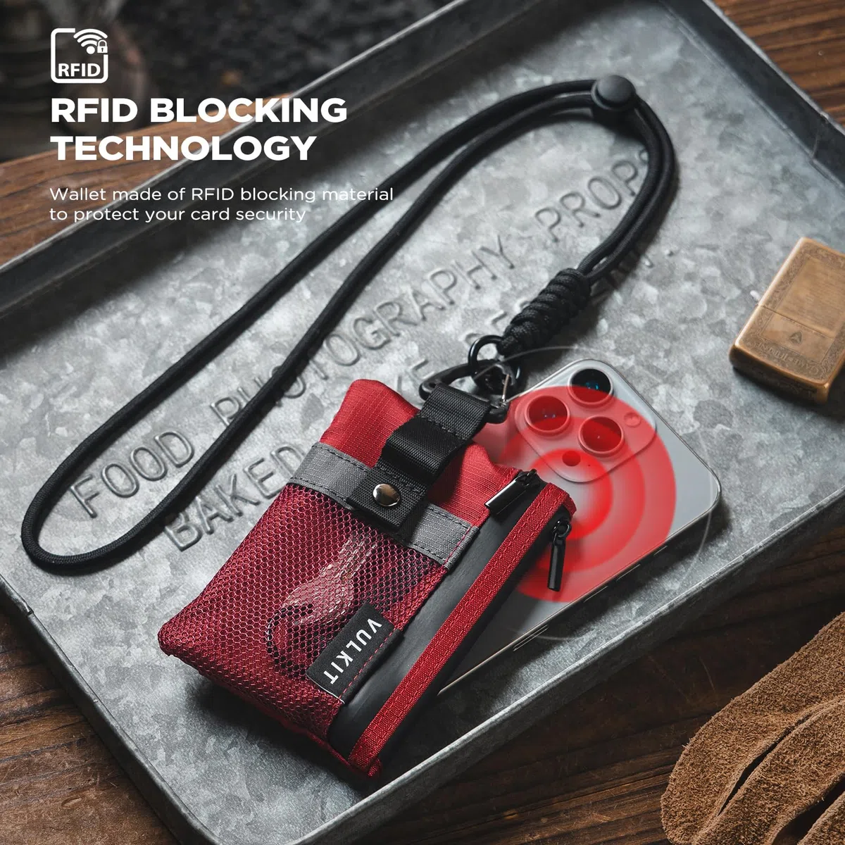 VULKIT Portafogli piccolo Minimalistico con Finestra Identificativa, Porta carte di credito con Blocco RFID Portafoglio impermeabile con cerniera (Rosso)