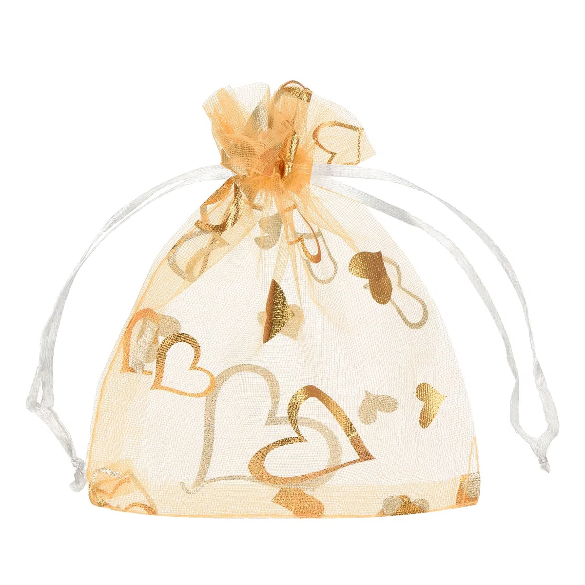 QUARKZMAN Sacchetti Organza, 10 x 12cm, Buste Regalo con Coulisse Cuore in Rete Trasparente, Sacchettini Bomboniere Ingrosso, Sacchetti per Gioielli,(Bianco-Oro, 100Pz)