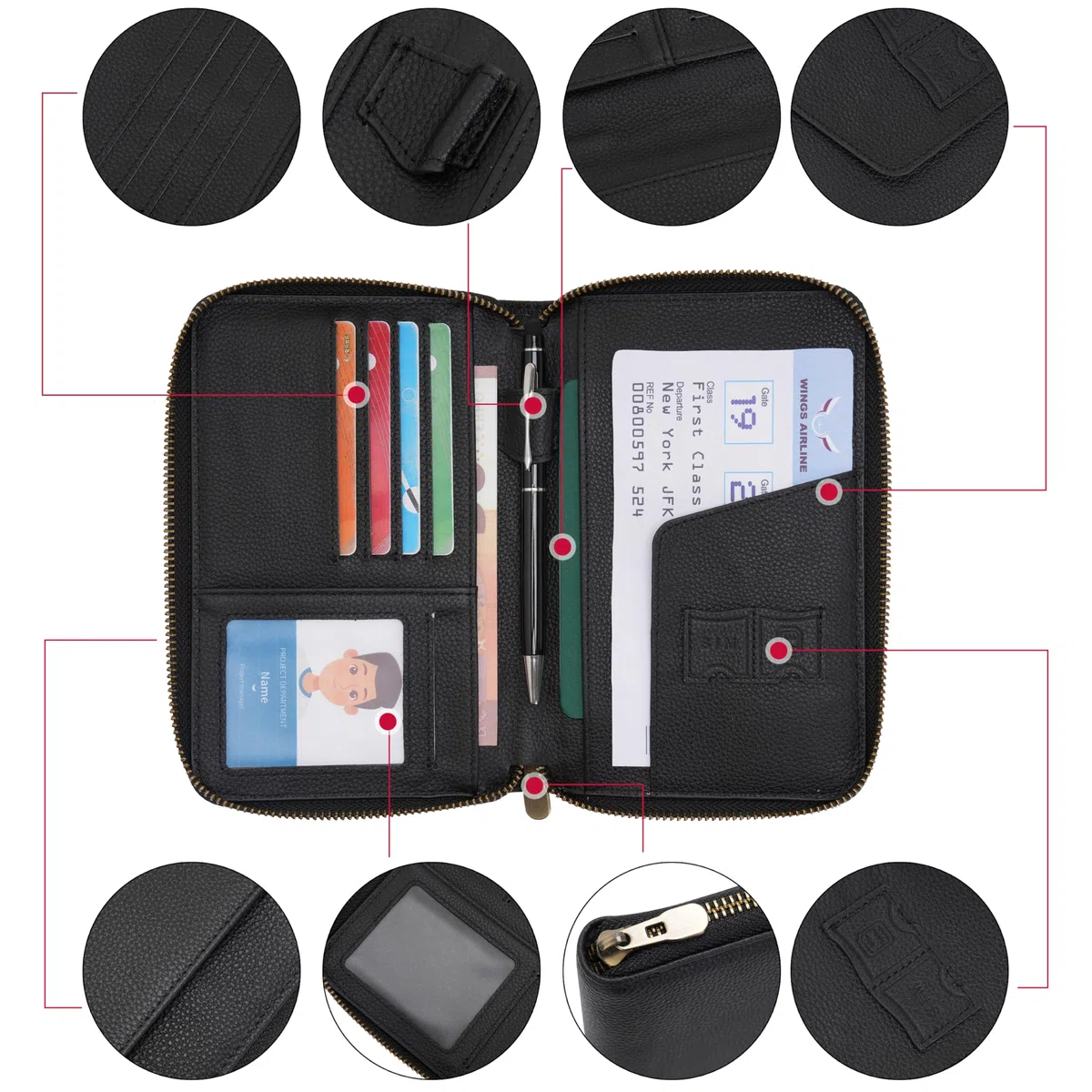 WASON Portafoglio Passaporto da Viaggio in Pelle con Cerniera Protezione RFID, Custodia Passaporto con Scomparti per Carte, Contanti, Carta d'Identità, Carta d'Imbarco e Biglietti (Nero)