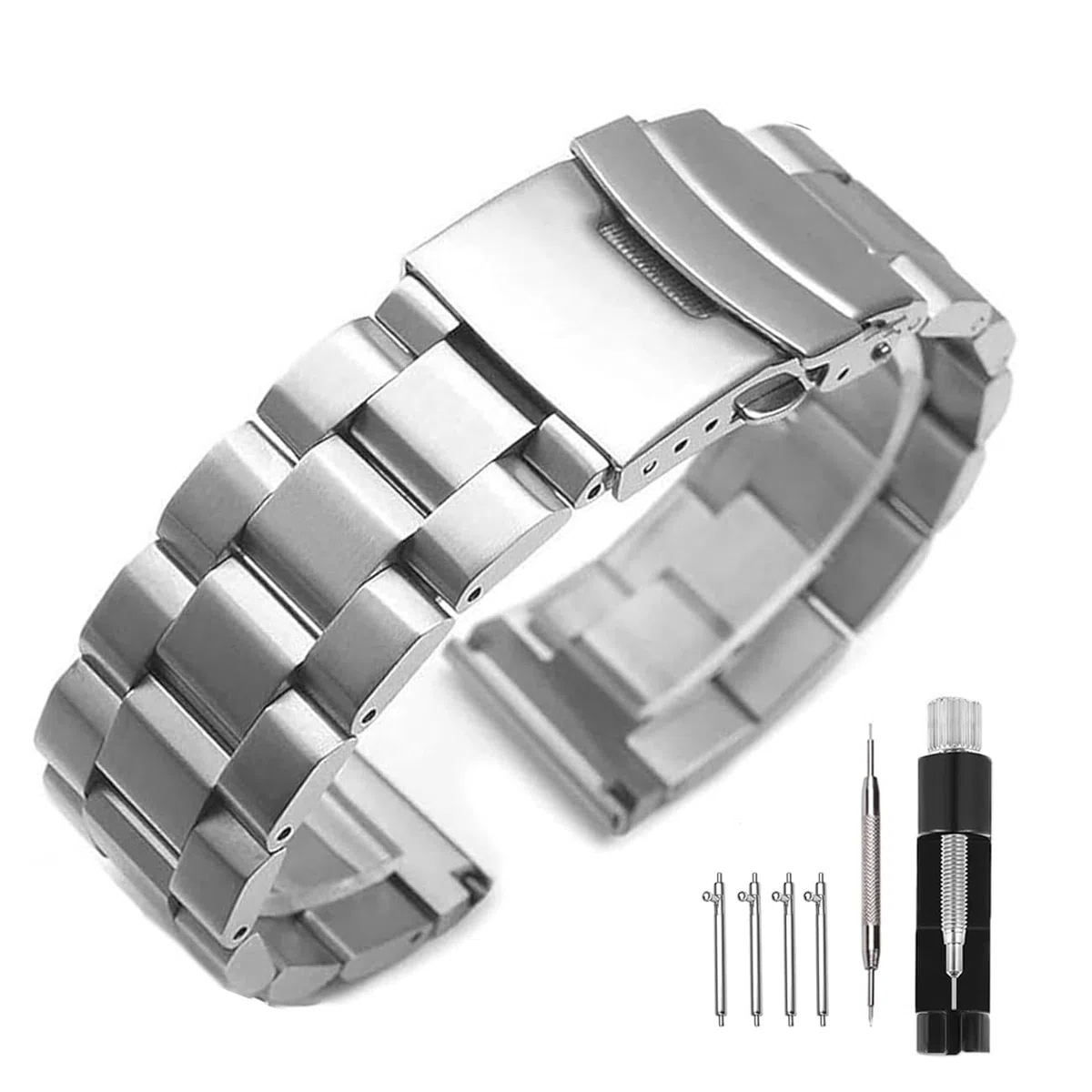 Cinturino di ricambio per orologio da polso, in acciaio inossidabile, opaco spazzolato, con doppia chiusura, per uomo e donna, 18 mm, 20 mm, 22 mm, 24 mm, nero, argento