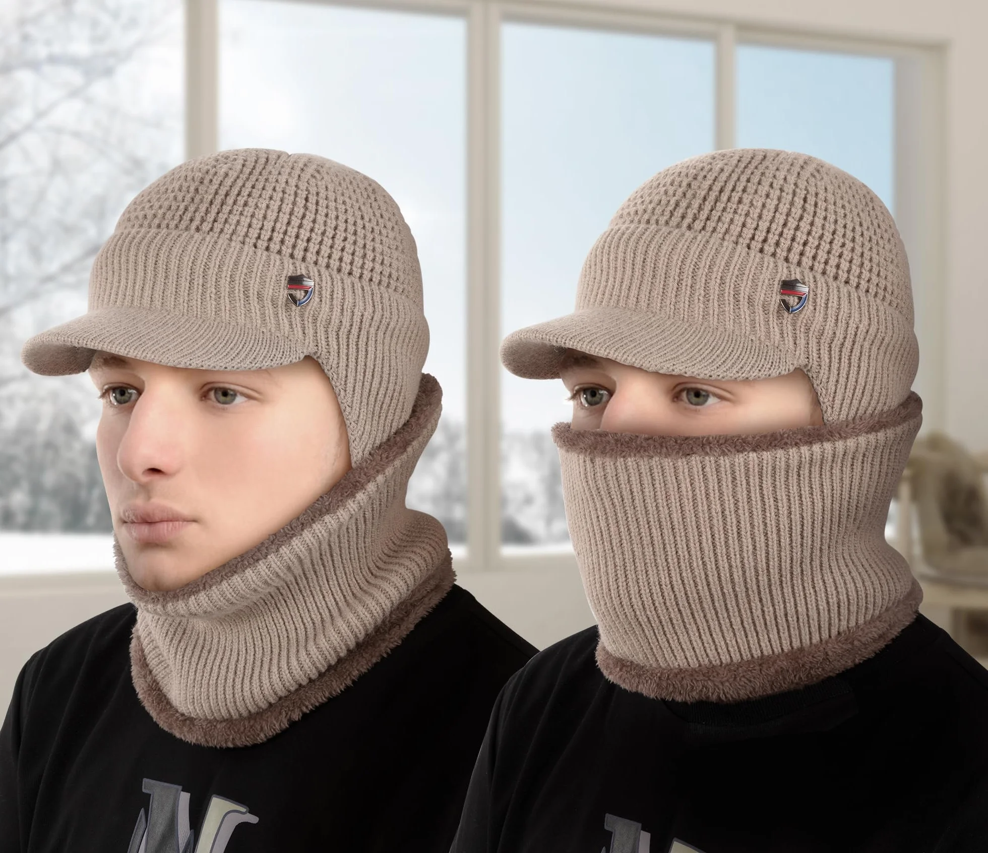 Cappello Invernale e Scaldacollo Uomo Cappello in Maglia Sciarpa con Tesa Morbido Foderato per attività All'Aperto