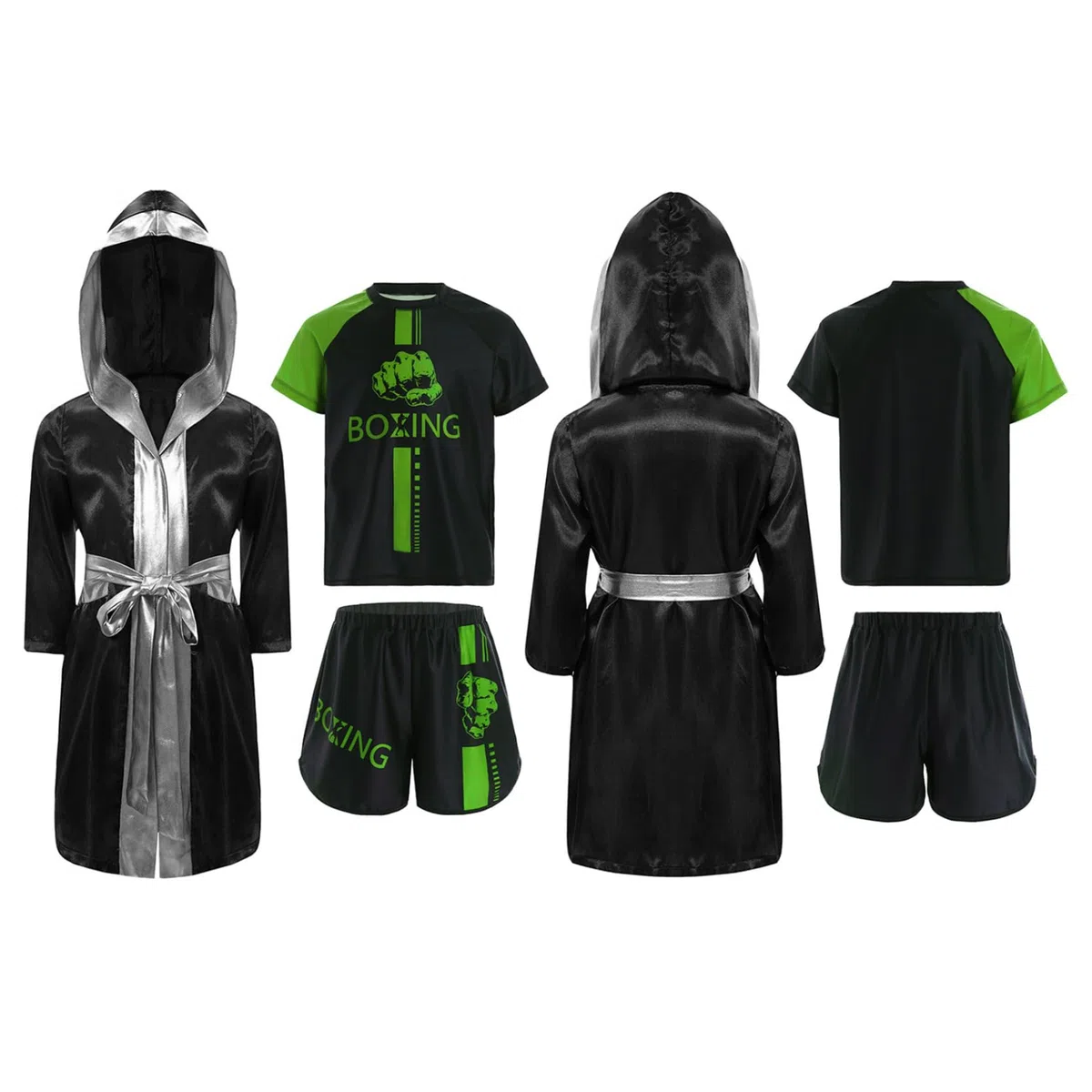 Bambini Ragazzo Completo Accappatoio Pantaloncini da Boxe E Tshirt Vestito con Cappuccio Kick Boxing Combattimento Muay Thai MMA Abbigliamento Sportivo