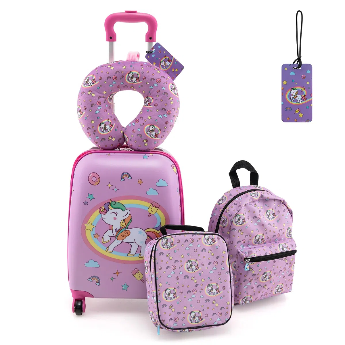 RELAX4LIFE Set di Valigietta per Bambini da 5 Pezzi con Valigia da 38 cm a Mano, Zaino da 33 cm, Cuscino per il Collo, Borsa Pranzo Isolata, Etichetta, Valigia con Ruote Rigide (ROSA)