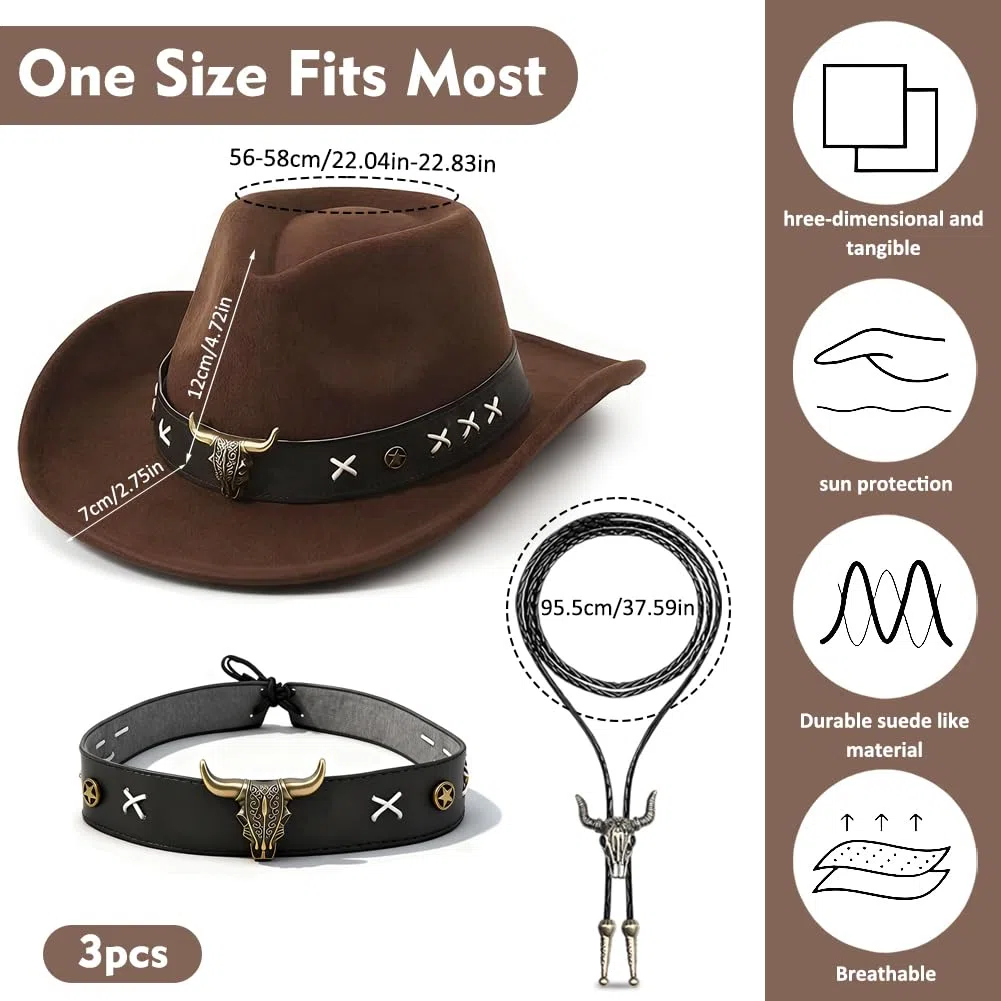 Cappello da Cowboy Western con dettagli testa di toro e cuciture X, cravatta in pelle e fascia per cappello inclusi, accessorio per Carnevale, Halloween e feste a tema Western, regalo