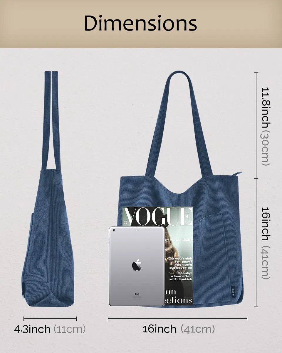 Prite Borsa tote in velluto a coste da donna con cerniera, grande capacità, borsa a tracolla con tracolla regolabile e tasche, borsa impermeabile per lavoro, scuola, shopping, viaggi, università