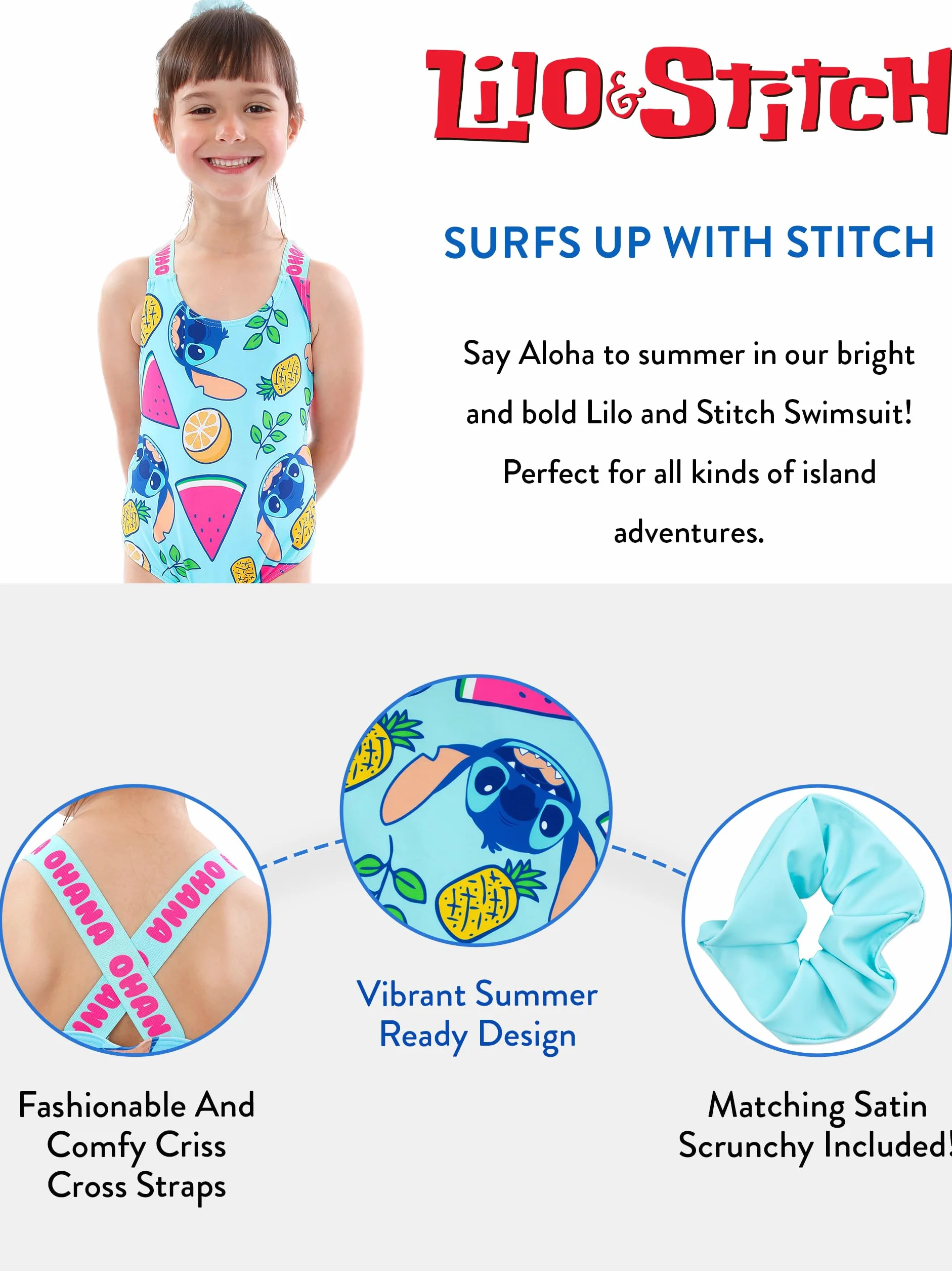 Disney Costume da Bagno Stitch Elastico per Capelli | Costumi Piscina Bambina | Costume Intero Ragazza | Costumi da Bagno Stitch Ufficiale | da 4 a 13 Anni