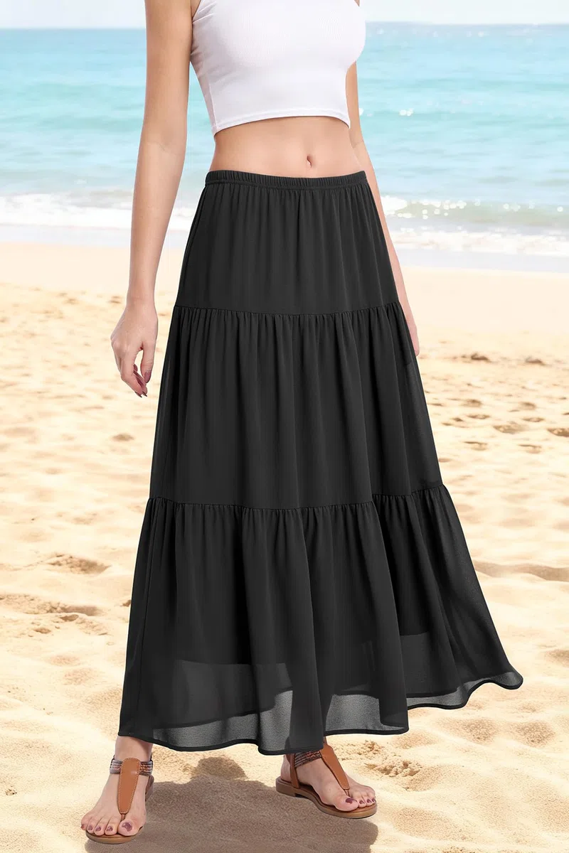 BEIGAI Gonna da donna elasticizzata a vita alta lunga maxi gonna fluida a linea Boho estiva da donna casual elegante gonna a lunghezza intera da donna UK