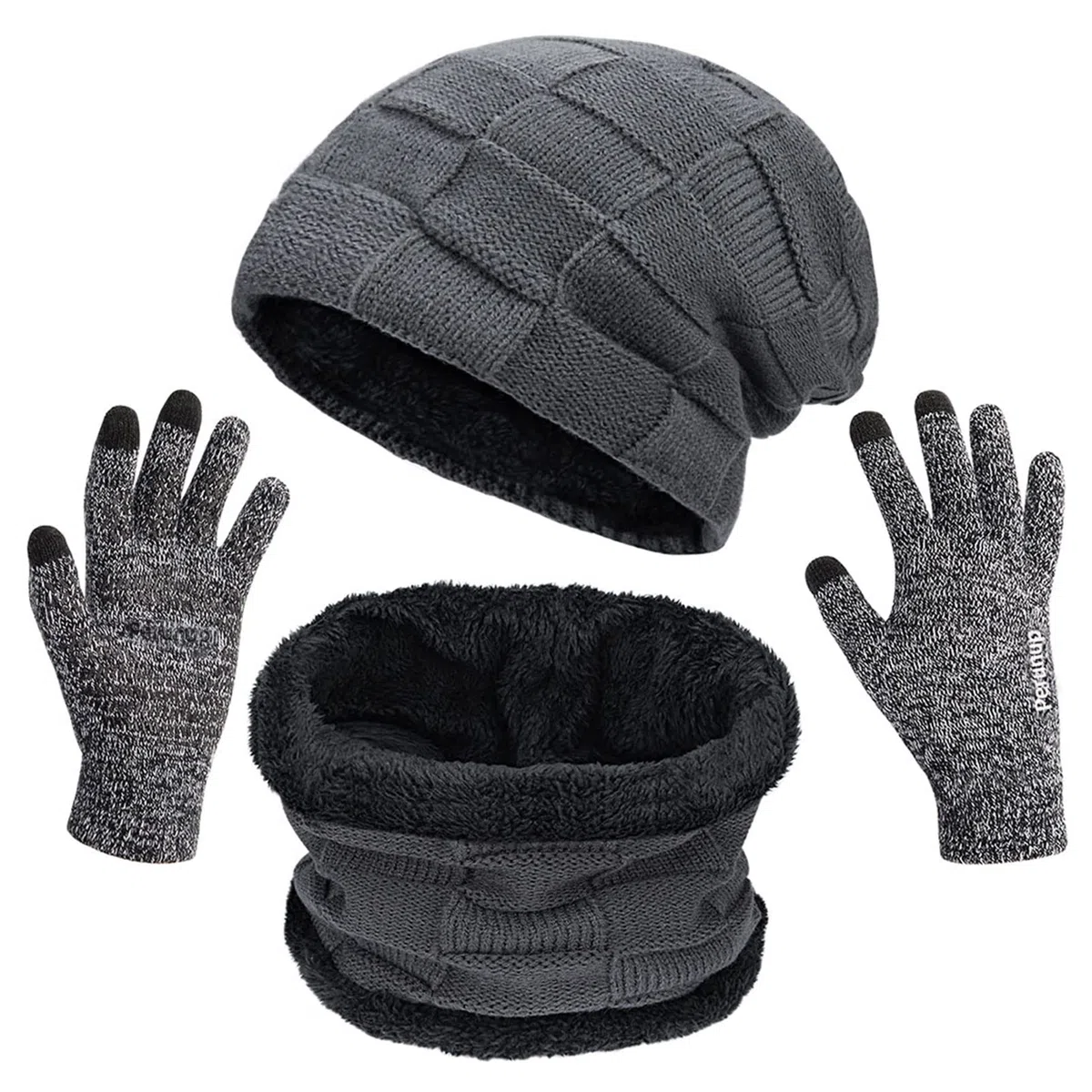 Cappello Sciarpa e Guanti Touch Screen Uomo Invernali Berretto in Maglia con Sciarpa Beanie Collo della Ciarpa 3/2 Pezzi per Uomo Donna