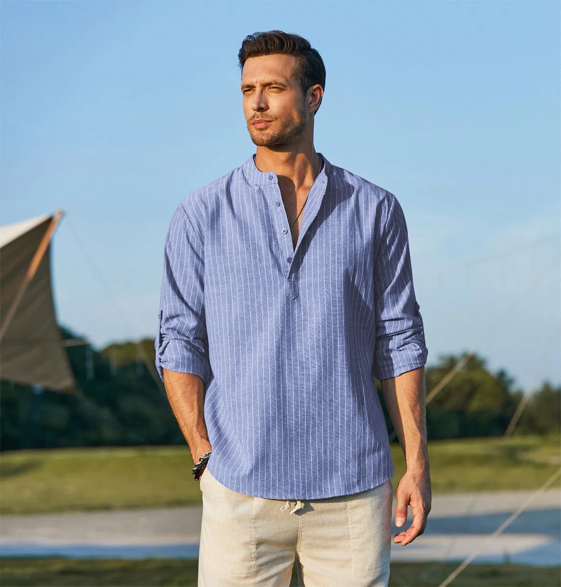 COOFANDY Camicia Henley a Maniche Lunghe da Uomo Camicia in Lino Camicia Estiva Casual vestibilità Regolare in Cotone
