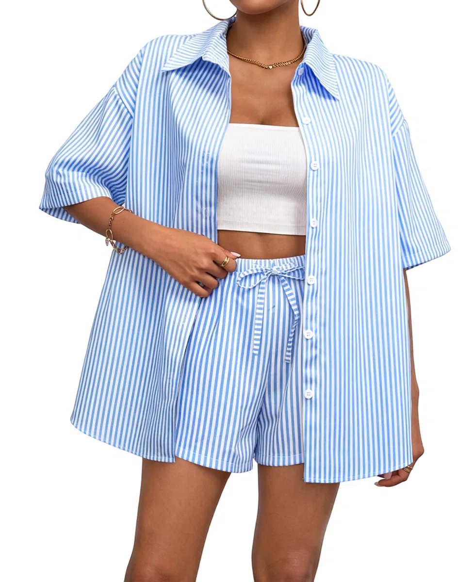 Rayson Completo Donna Estivo Righe 2 Pezzi Camicia Maniche Corto e Pantaloncini con Coulisse e Tasche Set Coordinati Completi Estivi Donna per Mare Spiaggia Lavoro