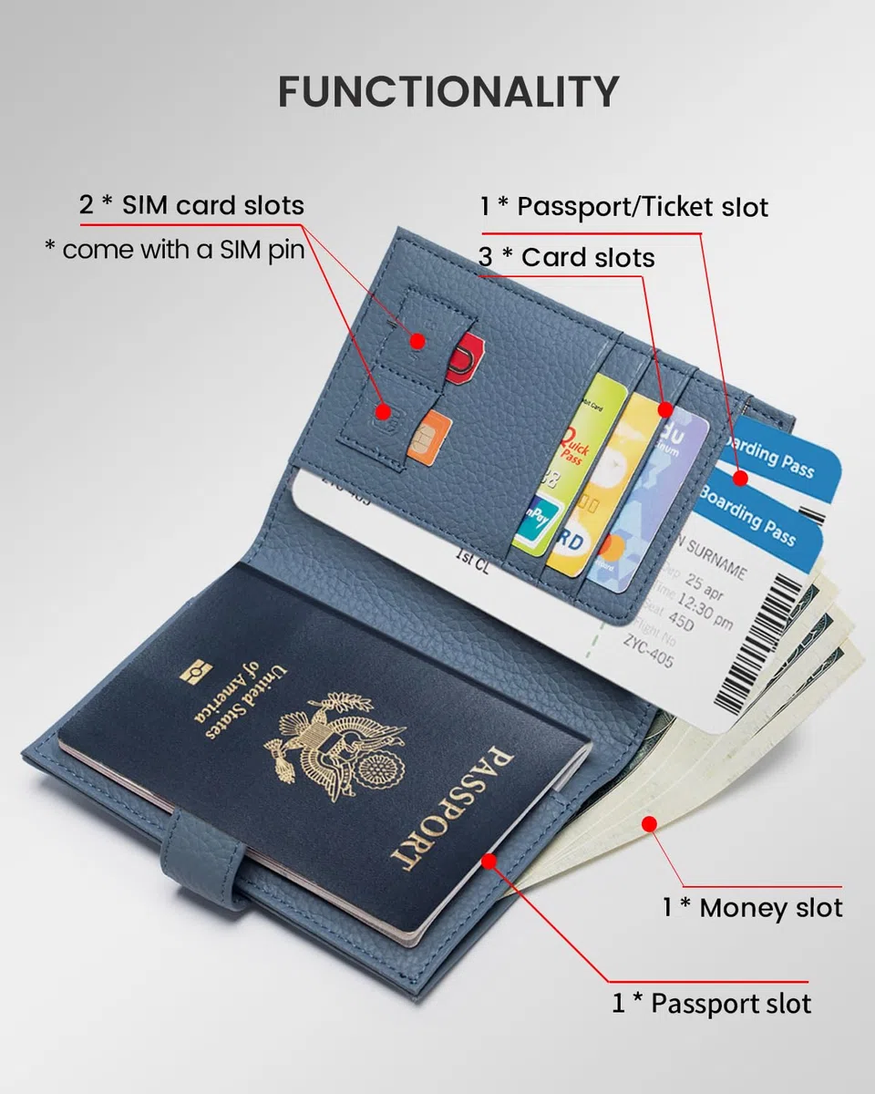 Karmiir Portapassaporto RFID Portafoglio da Viaggio per Donna, Custodia Passaporto in Pelle Portafoglio con Porta Carte Slot SIM, Tasca Monete con Cerniera e Slot Contanti Portafoglio da Viaggio