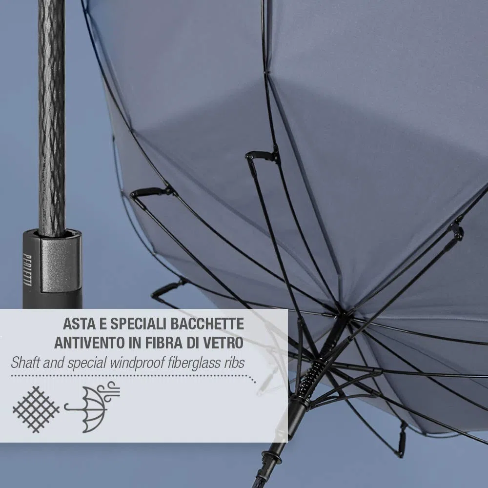 PERLETTI Ombrello Blu CATARIFRANGENTE Lungo Golf Uomo Donna Automatico - Ombrello Classico Grande XL Riflettente 2 Persone Antivento Resistente Robusto in Fibra di Vetro Elegante (Manico Curvo)