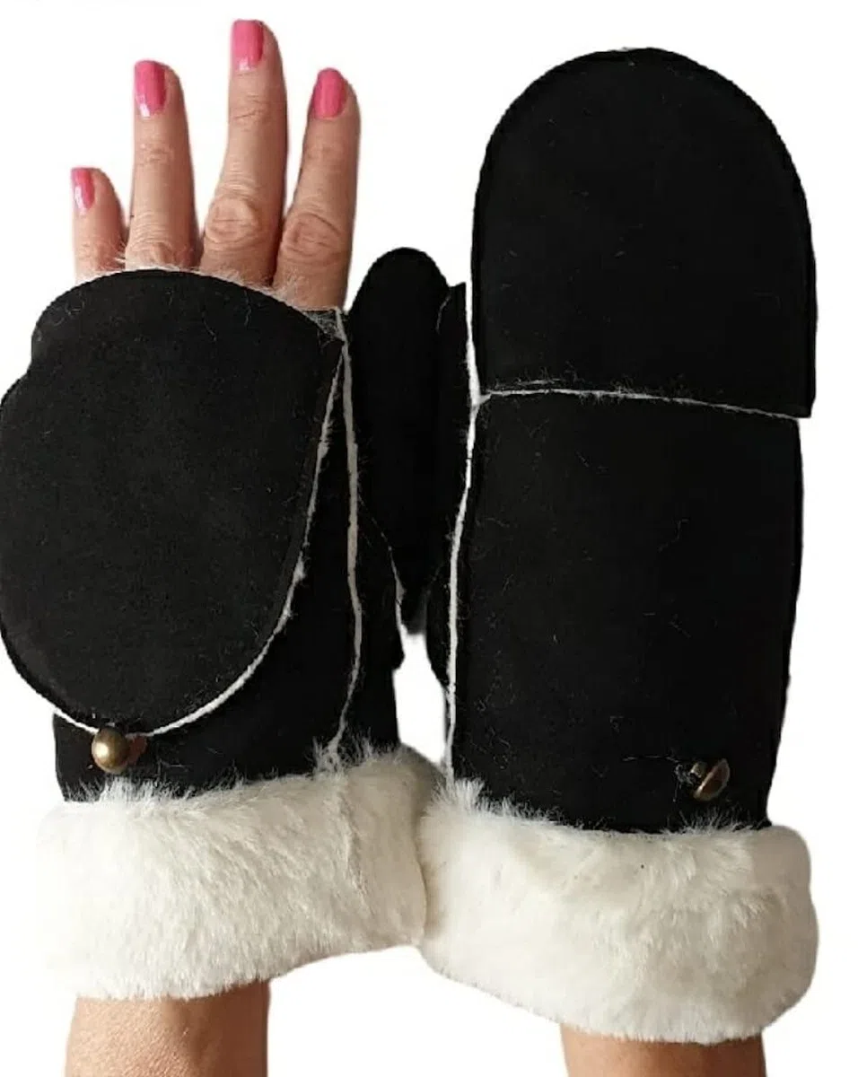 Guanti Invernali Donna Eleganti in Eco Pelle Scamosciata – Muffole Apribili Calde con Interno Felpato e Polsino in Eco Pelliccia – Taglia S/M
