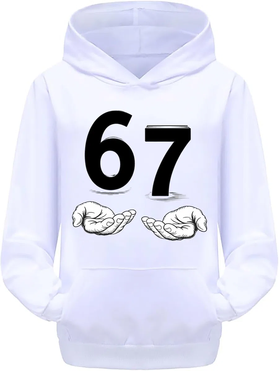 Felpa con Cappuccio Six Seven 6 7 Meme Gen Alpha Brain Rot Sweatshirt Taglia Bambini Bianca o Nera