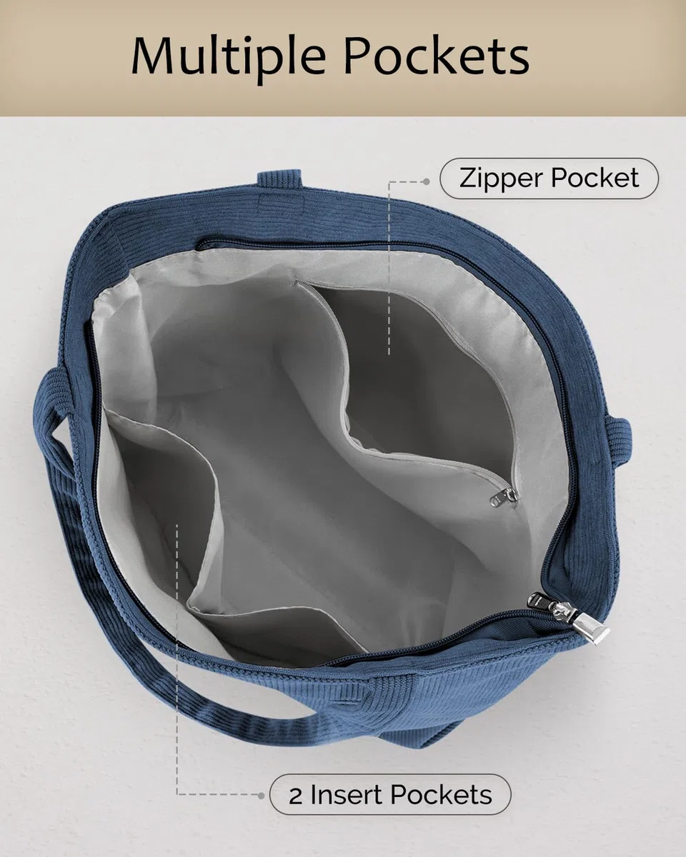 Prite Borsa tote in velluto a coste da donna con cerniera, grande capacità, borsa a tracolla con tracolla regolabile e tasche, borsa impermeabile per lavoro, scuola, shopping, viaggi, università