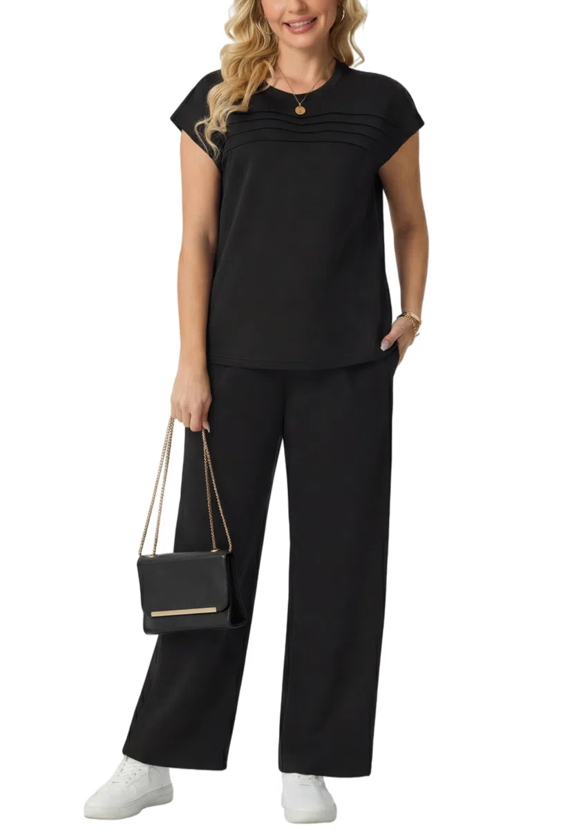 GRECERELLE Tuta da donna estiva da viaggio in due pezzi tuta da donna set completo a maniche corte casual girocollo manica ad aletta anteriore Plisse set abbinati pantaloni a gamba larga