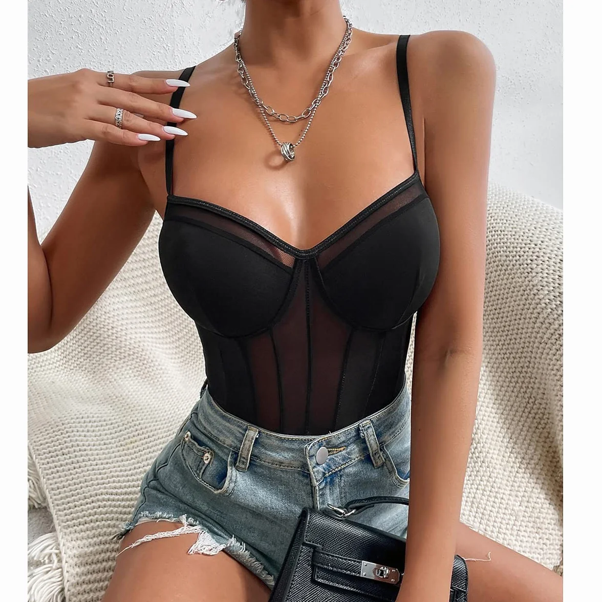 Body da Donna Sexy Spaghetti Cinturino Mesh Bodysuit Patchwork a Rete Trasparente Jumpsuits Senza Maniche Elasticizzato Aderente Going Out Leotard Top