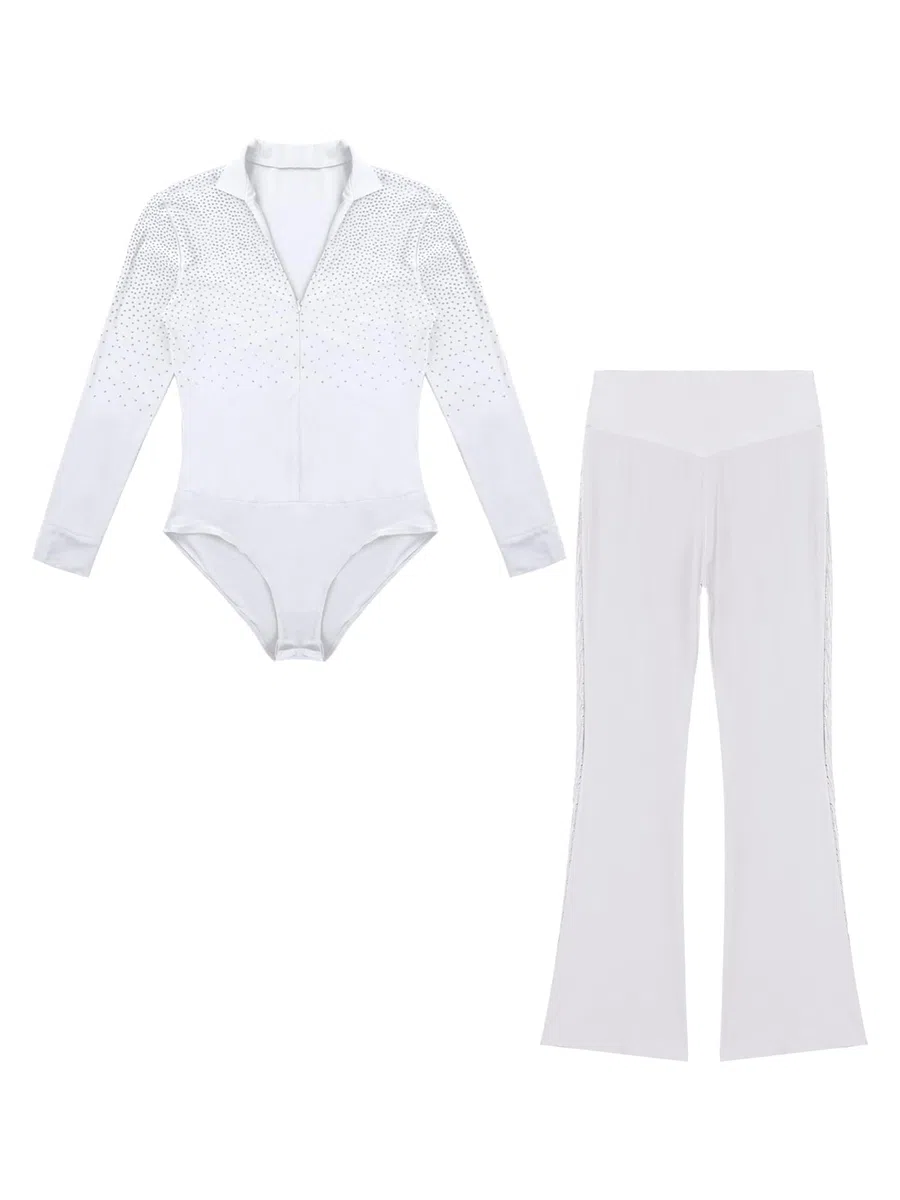 iEFiEL Body da Ballo Latino Uomo Scollo a V Manica Lunga e Pantaloni Con Nappe Vestito con Strass Abito da Ballo Danza Classica Tango Samba Rumba Jazz Salsa Jumpsuit