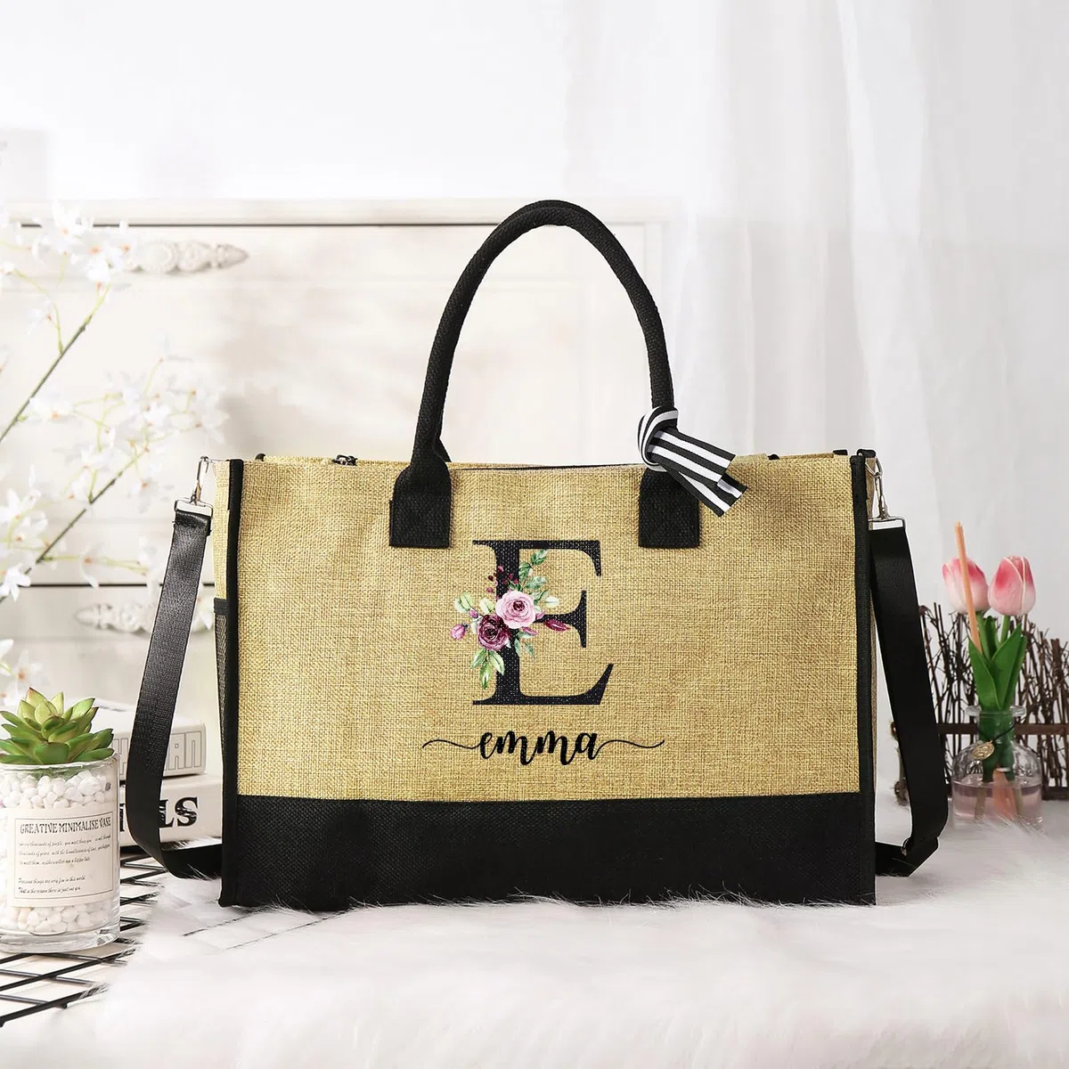jewelora Borsa Mare Donna Tote Bag Personalizzata con Nome per Mamma Insegnante Fidanzata Damigelle Borsa da Viaggio Grande Shopper Bag Donna per Matrimonio Viaggio Spiaggia Vacanza